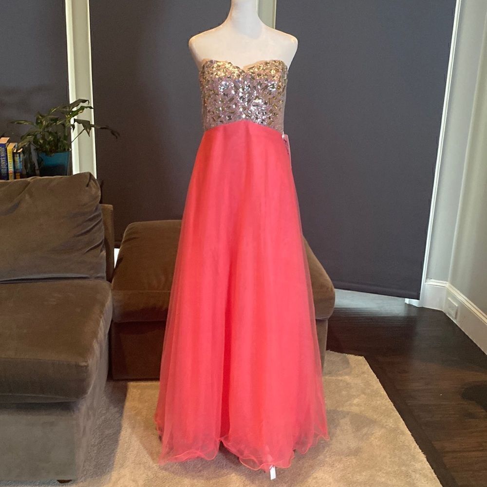 Women’s Pink Full Length Sparkly Tulle & Sequined Prom Party Dress Size L NWT